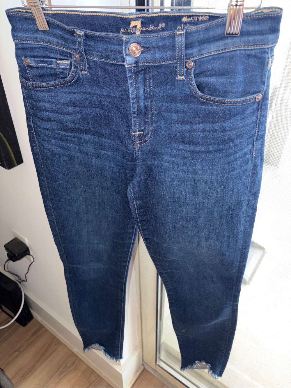 7 For All Mankind Dark Blue Ankle Crop Raw Hem Jeans